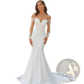 Off the shoulder white lace mermaid wedding dress with fitted silhouette and flowing train