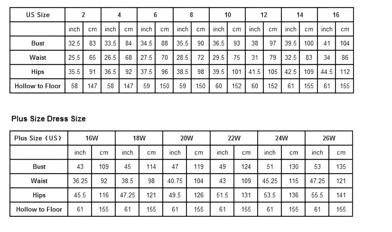 Size chart tables for off the shoulder lace mermaid wedding dress with train in us sizes and plus size measurements