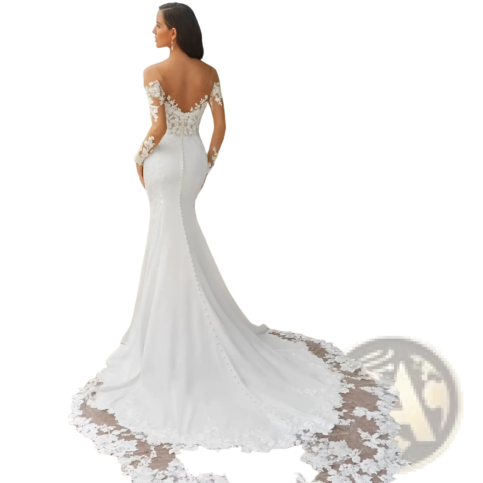 Back view of a white off the shoulder lace mermaid wedding dress with intricate lace detailing and an elegant train