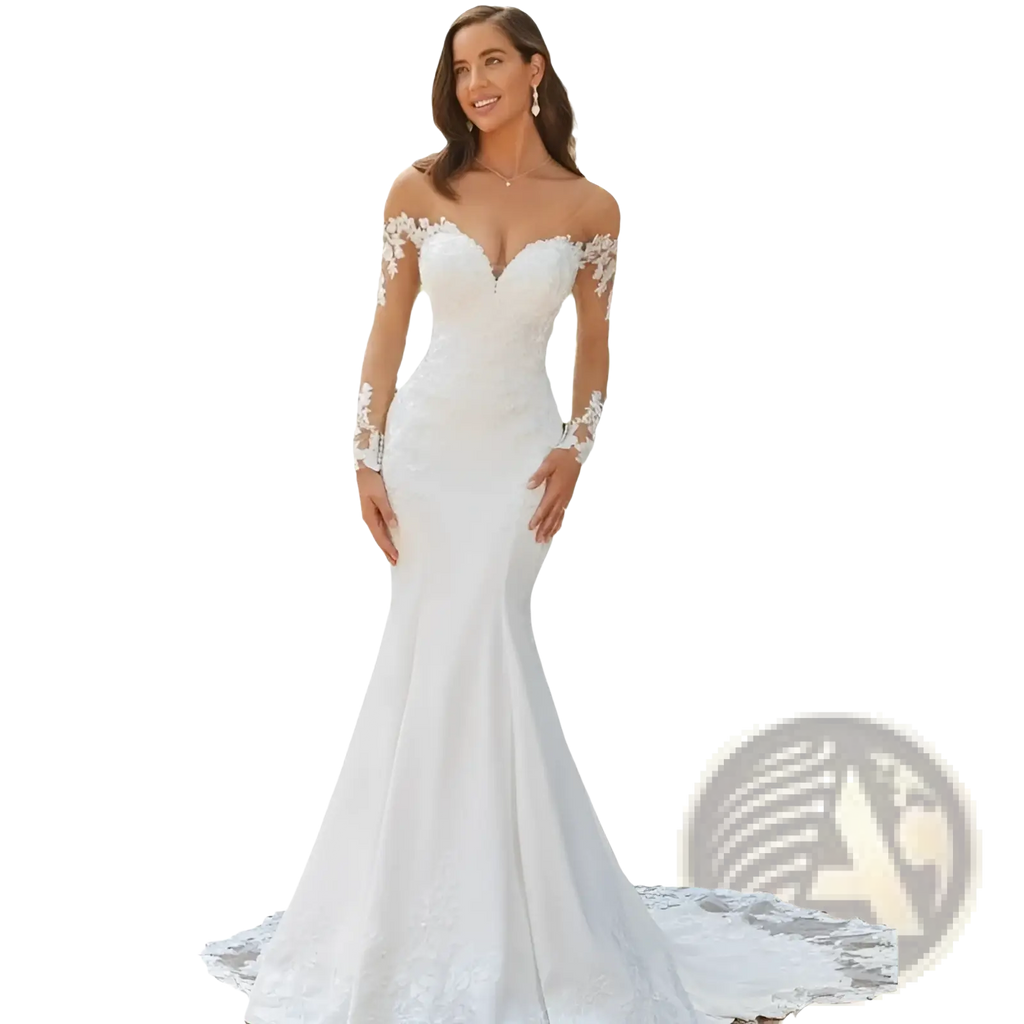 A white off the shoulder lace mermaid wedding dress with long sleeves and a fitted bodice with train