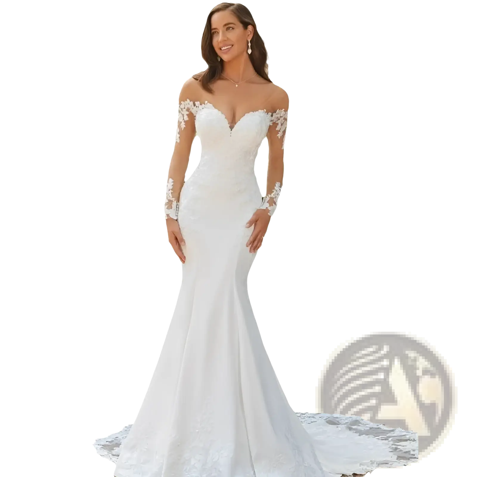 A white off the shoulder lace mermaid wedding dress with long sleeves and a fitted bodice with train