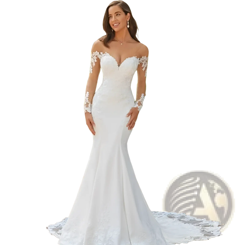 A white off the shoulder lace mermaid wedding dress with intricate detailing and a flowing train