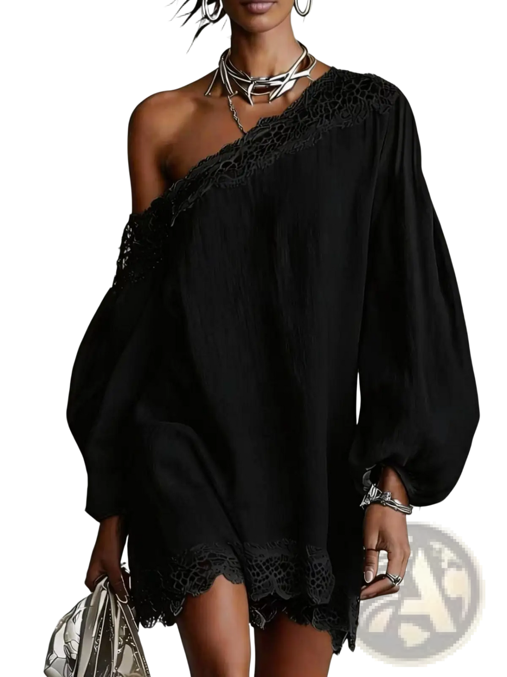 Black off-shoulder mini dress with delicate lace trim on neckline and hem made from lightweight fabric