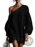 Black off-shoulder mini dress with delicate lace trim on neckline and hem made from lightweight fabric