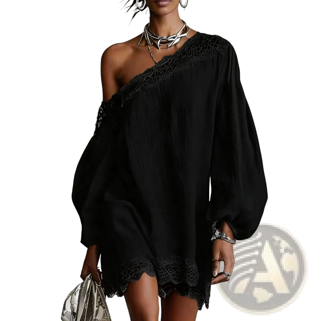 Black off-shoulder lace trim mini dress featuring a one-shoulder design with voluminous sleeves made of lace