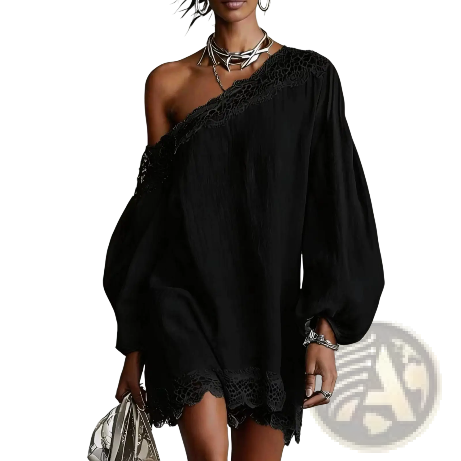 Black off-shoulder lace trim mini dress featuring a one-shoulder design with voluminous sleeves made of lace