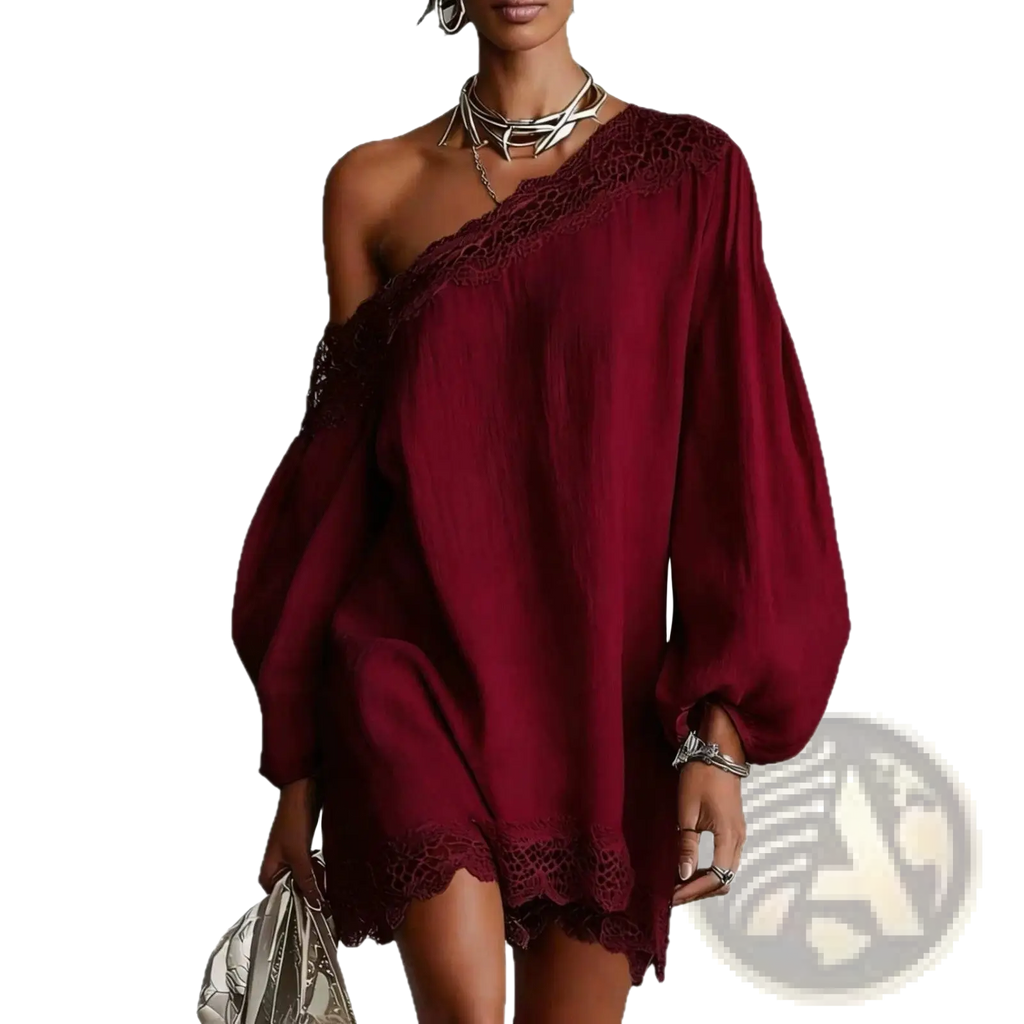 Off-shoulder lace trim mini dress in flowing burgundy fabric with black lace neckline and hem and balloon sleeves
