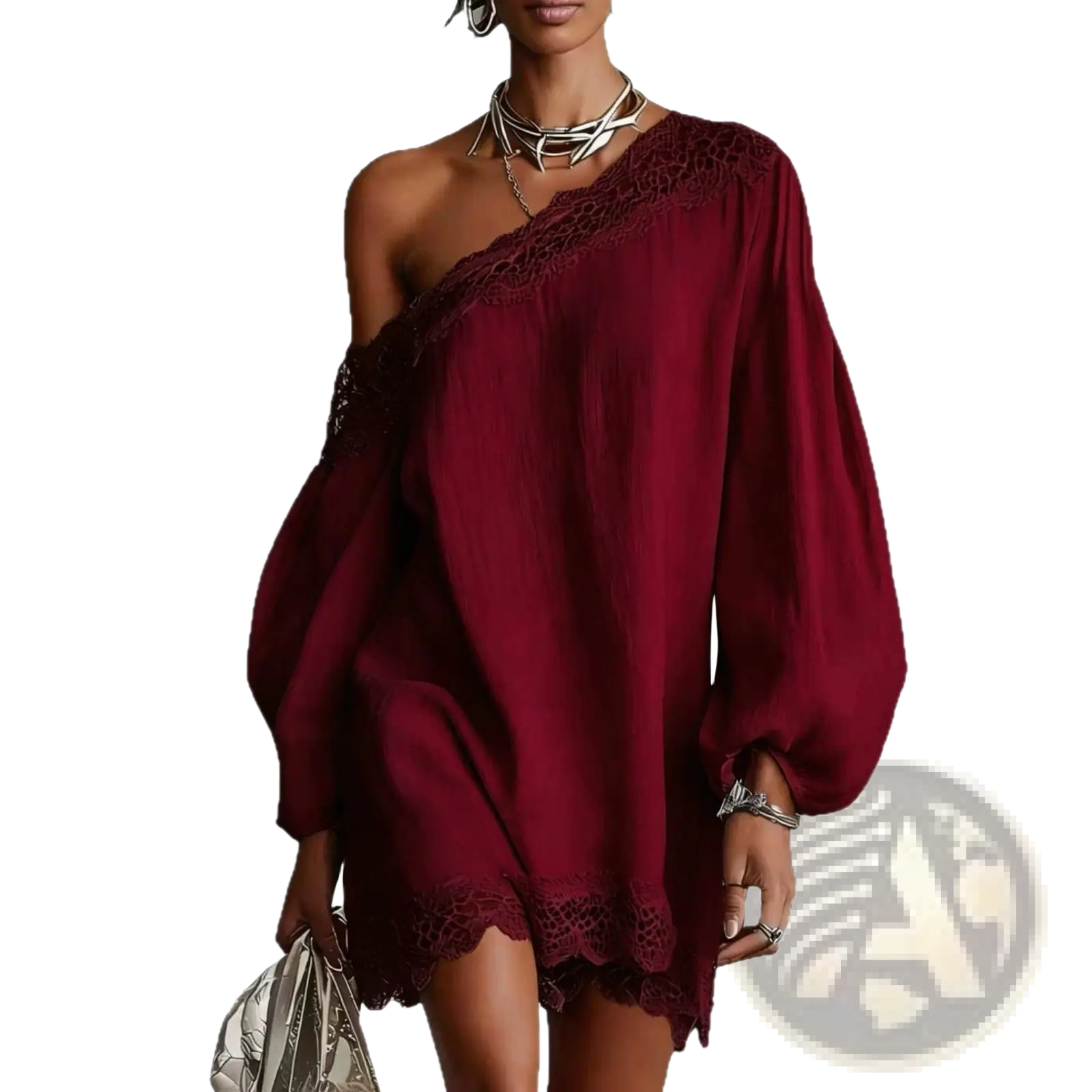 Off-shoulder lace trim mini dress in flowing burgundy fabric with black lace neckline and hem and balloon sleeves