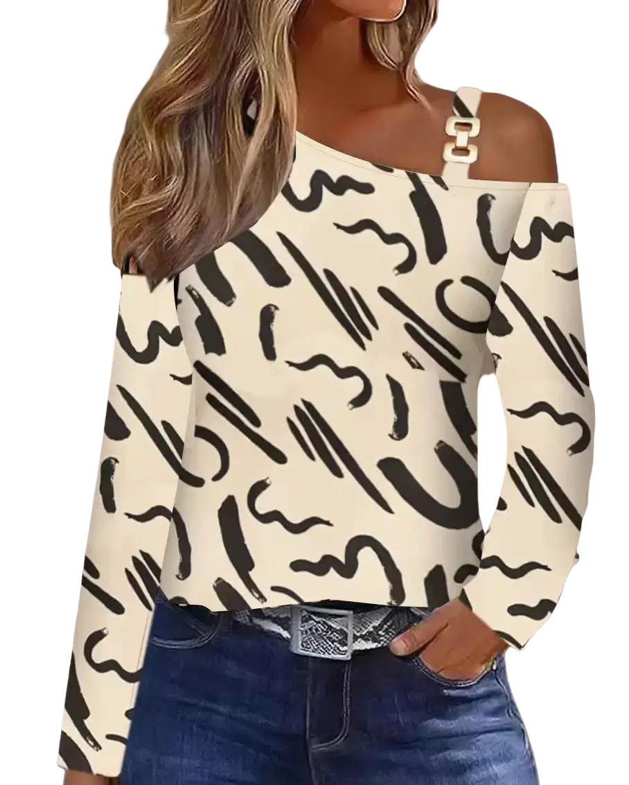 Off shoulder long sleeve blouse in cream fabric with black abstract line pattern and white adjustable strap detail