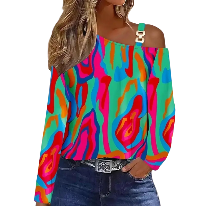 Off shoulder long sleeve blouse with chain detail featuring vibrant neon swirling patterns in pink green blue and orange