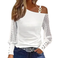 White off shoulder long sleeve blouse with sheer lace geometric sleeves and gold toned chain strap detail