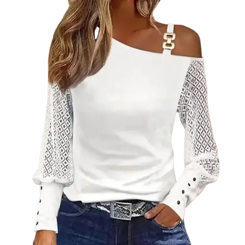 White off shoulder long sleeve blouse with sheer geometric lace sleeves and gold toned chain strap detail