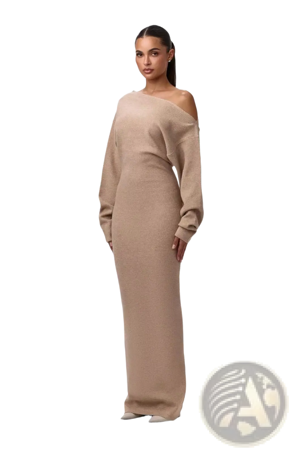 A sleek beige off shoulder long sleeve knitted bodycon maxi dress with a form fitting silhouette
