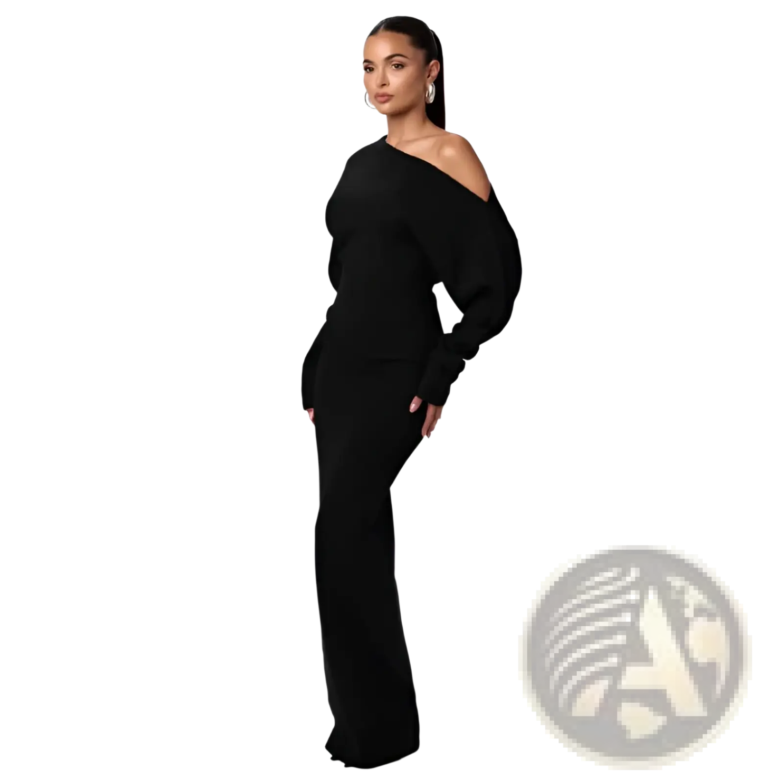 Black off the shoulder long sleeve knitted bodycon maxi jumpsuit with wide sleeves and flared legs