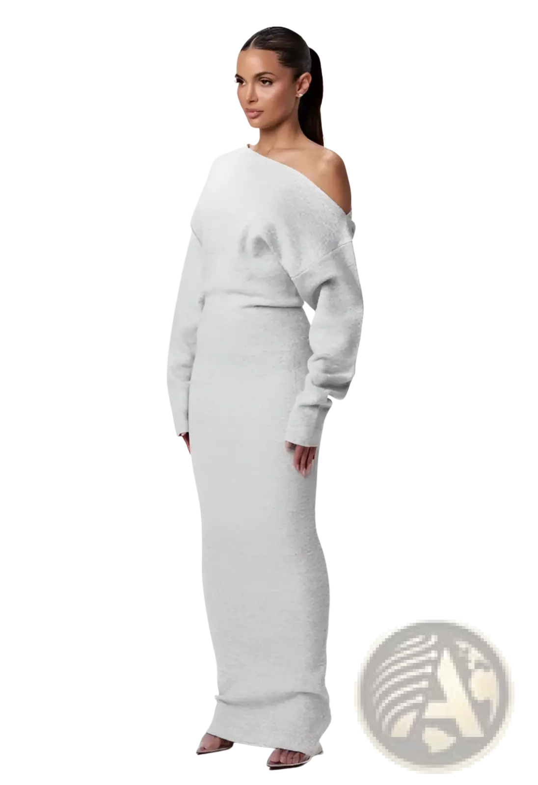 Off shoulder long sleeve knitted bodycon maxi dress in sleek gray textured fabric with a fitted silhouette