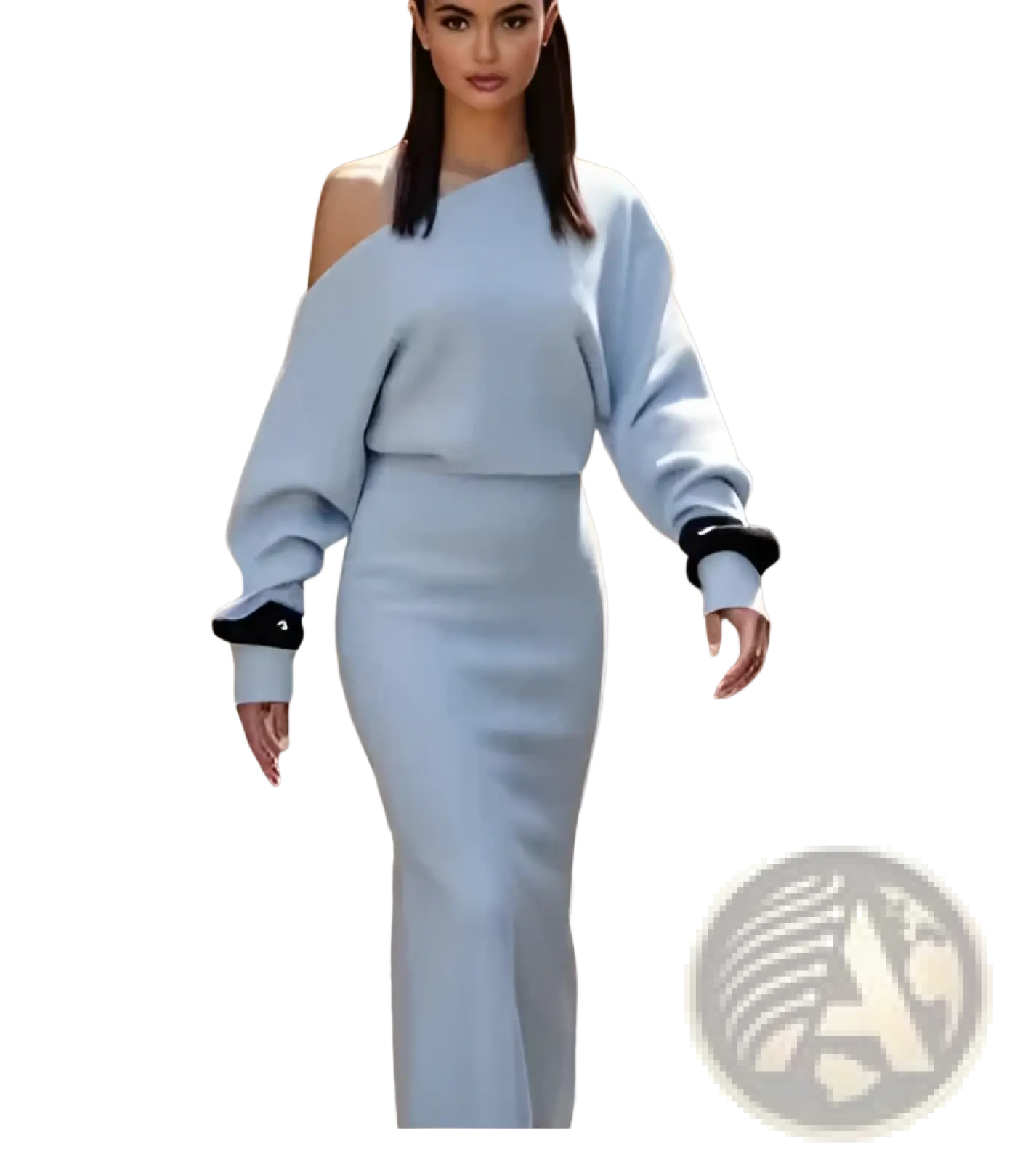 A light blue off shoulder knitted two-piece outfit with black ribbed cuffs featuring long sleeves and bodycon fit