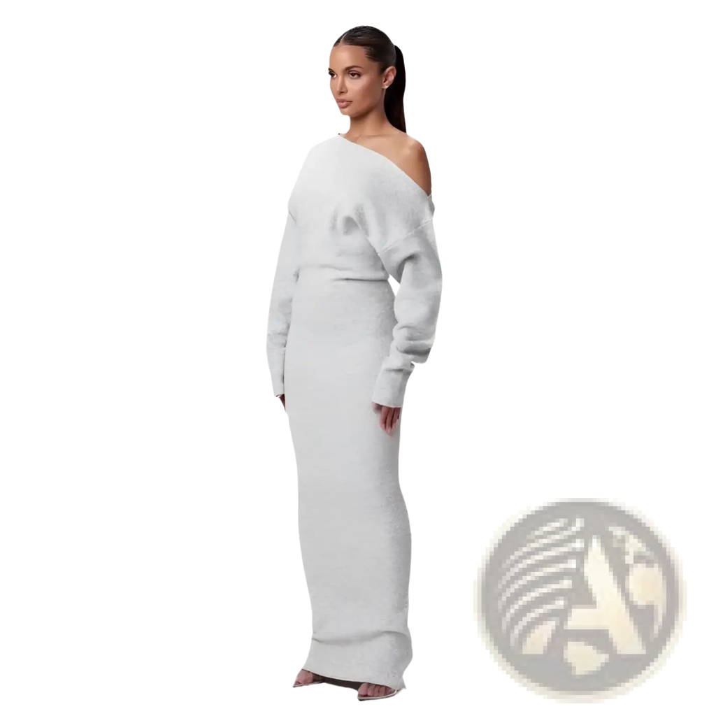 A sleek off shoulder long sleeve gray knitted bodycon maxi dress with textured fabric and elegant fit