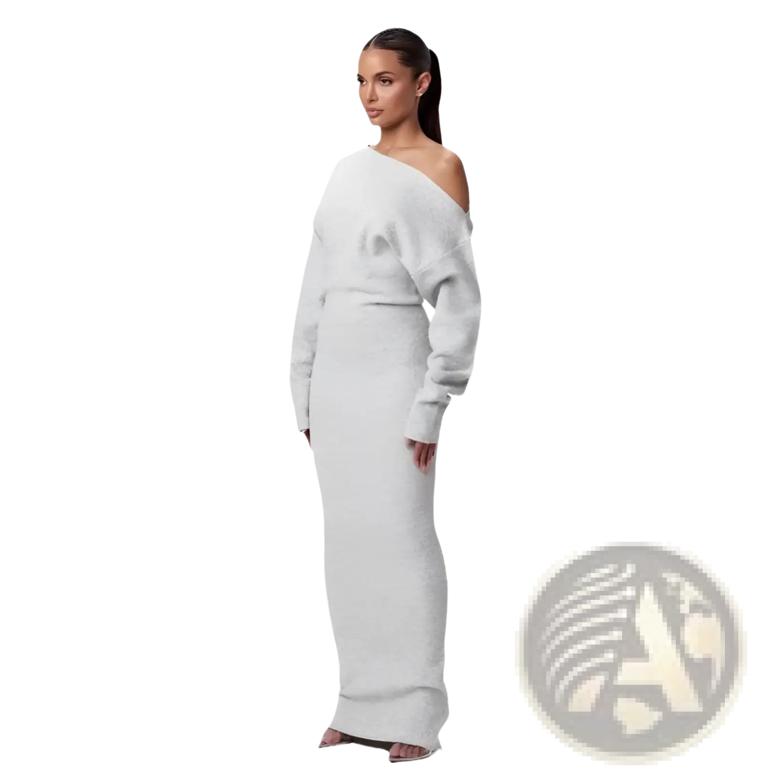 A sleek off shoulder long sleeve gray knitted bodycon maxi dress with textured fabric and elegant fit