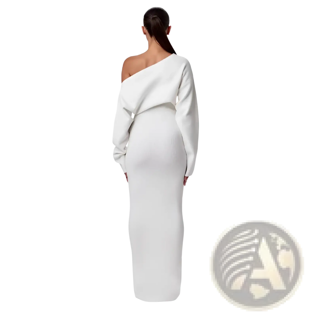 Off shoulder long sleeve knitted bodycon maxi dress in white with ribbed texture and sleek fit