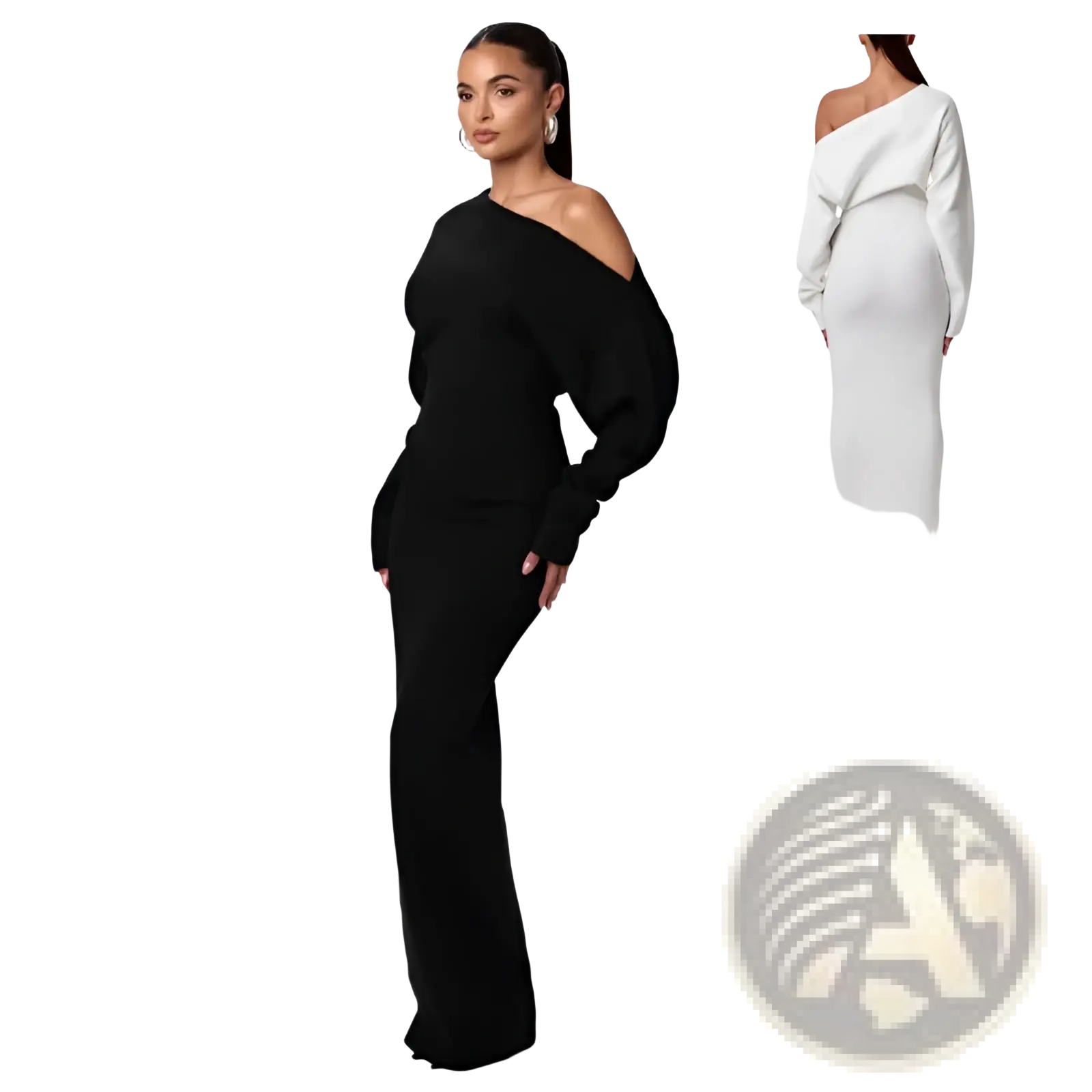 Black off the shoulder long sleeve knitted bodycon maxi dress with flared leg detail