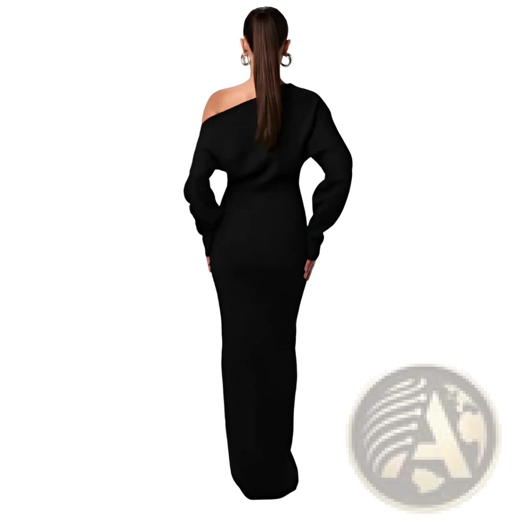 A sleek black off shoulder long sleeve knitted bodycon maxi dress with a form fitting silhouette