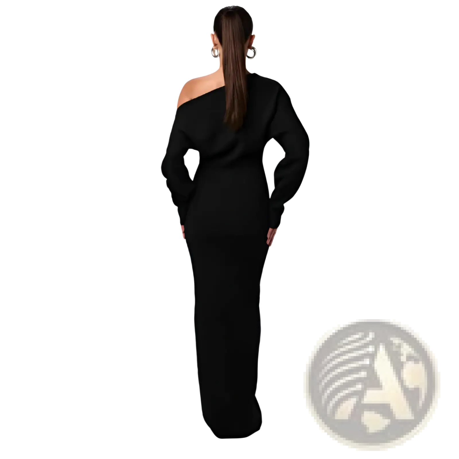 A sleek black off shoulder long sleeve knitted bodycon maxi dress with a form fitting silhouette