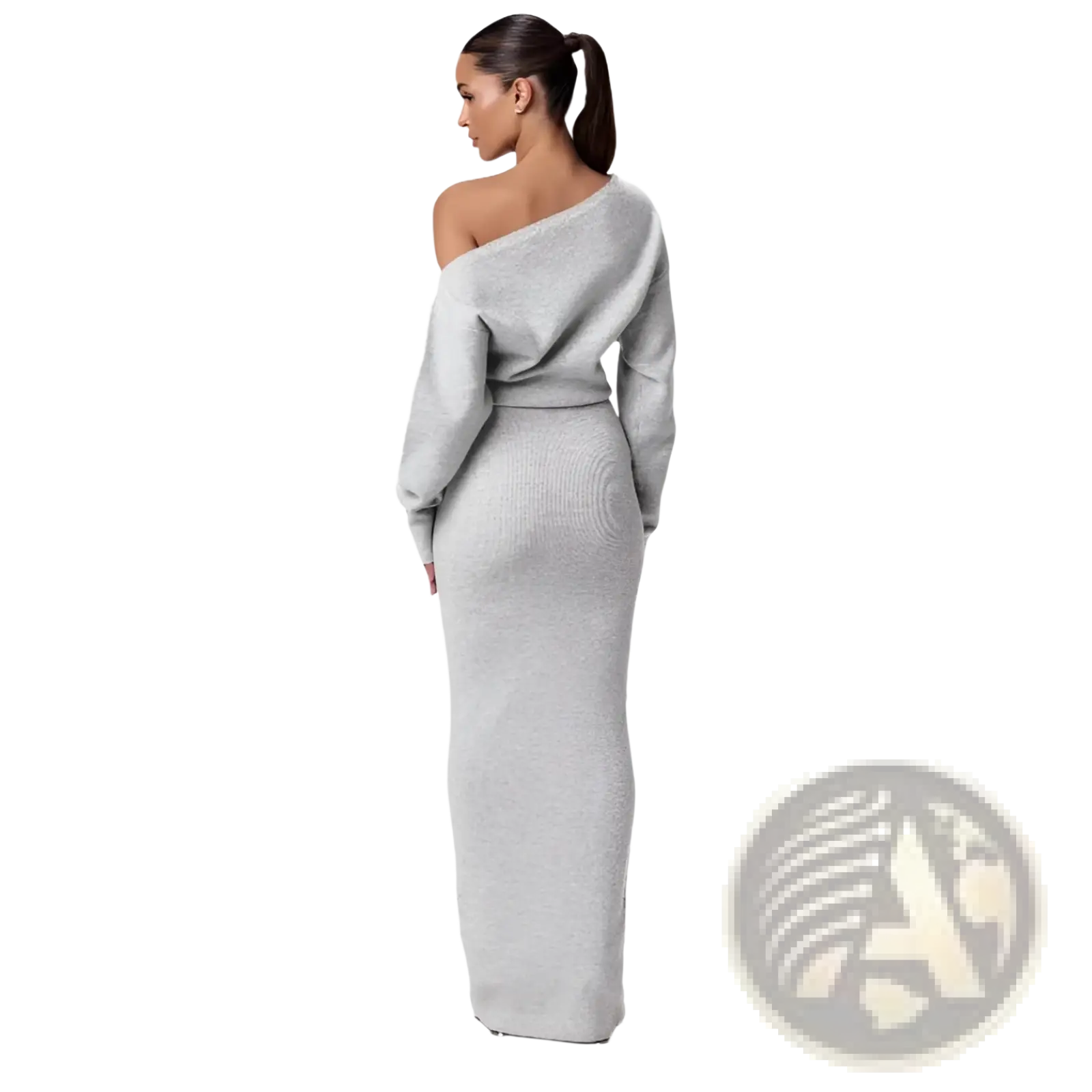 A sleek one-shoulder gray knit off shoulder long sleeve bodycon maxi dress with a fitted silhouette
