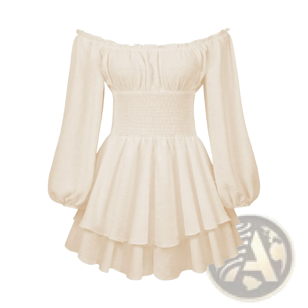 Cream-colored off shoulder long sleeve mini dress with puffy sleeves and tiered ruffled skirt for elegant occasions