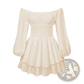 Cream-colored off shoulder long sleeve mini dress with puffy sleeves and tiered ruffled skirt for elegant occasions