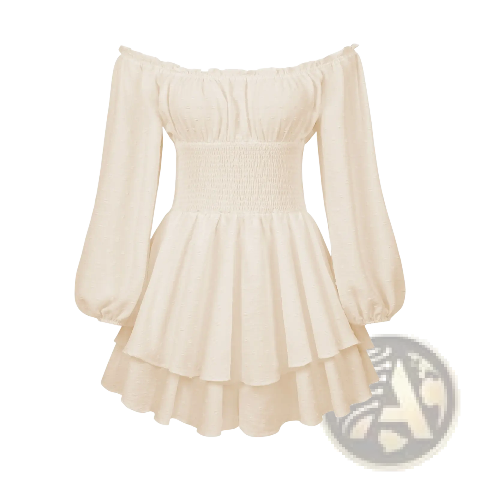 Cream-colored off shoulder long sleeve mini dress with puffy sleeves and tiered ruffled skirt for elegant occasions
