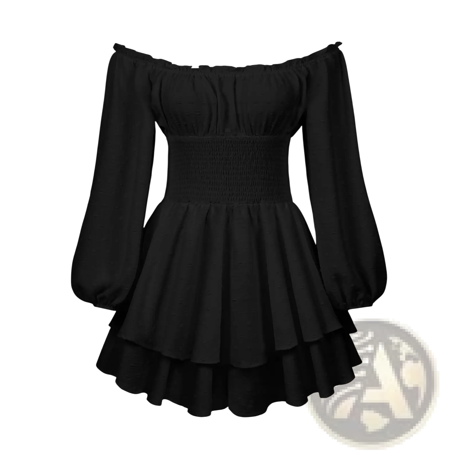Black off-the-shoulder long sleeve ruffled tiered mini dress with puffy sleeves and a tiered ruffle skirt