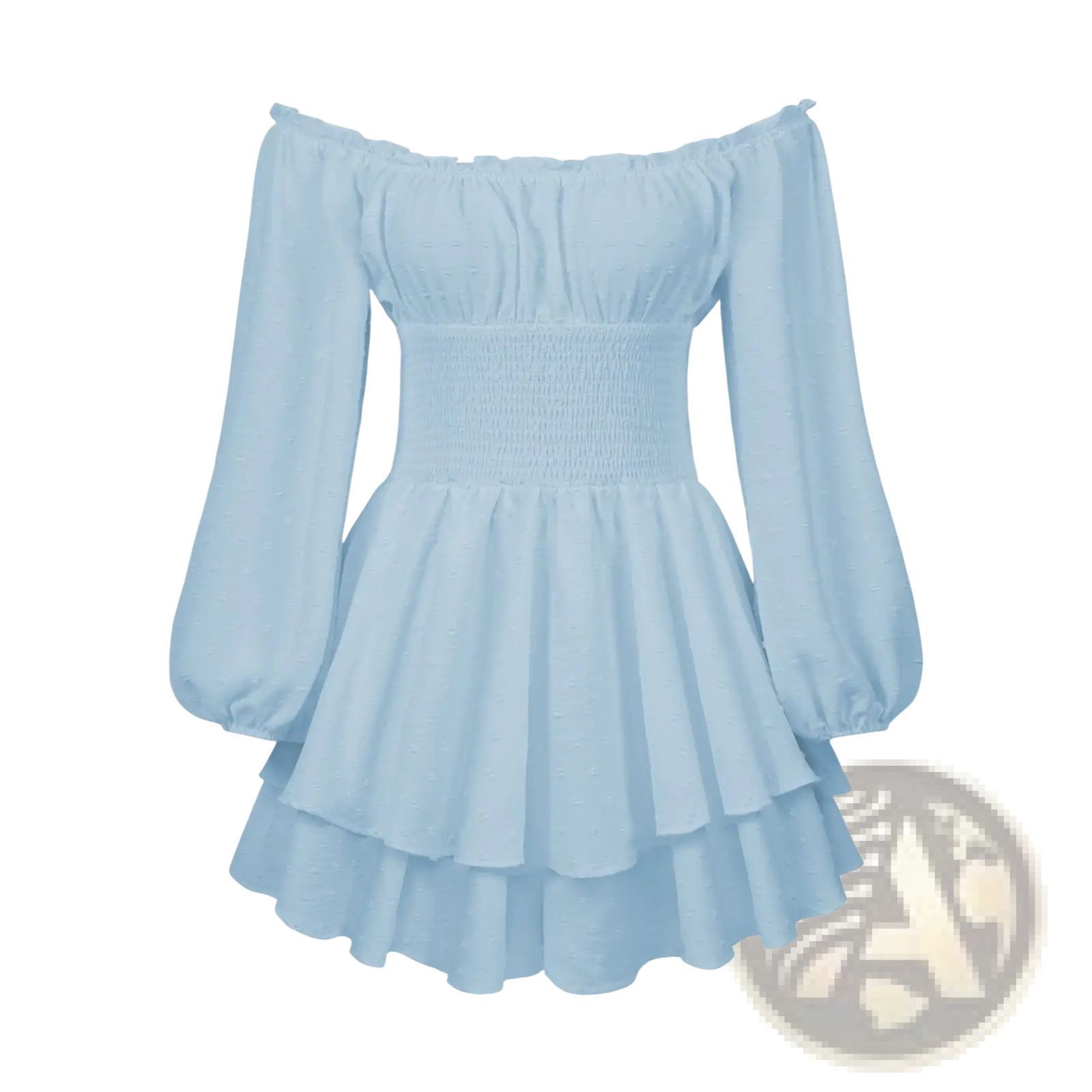 A light blue off shoulder long sleeve mini dress with puffy sleeves and a tiered ruffled skirt