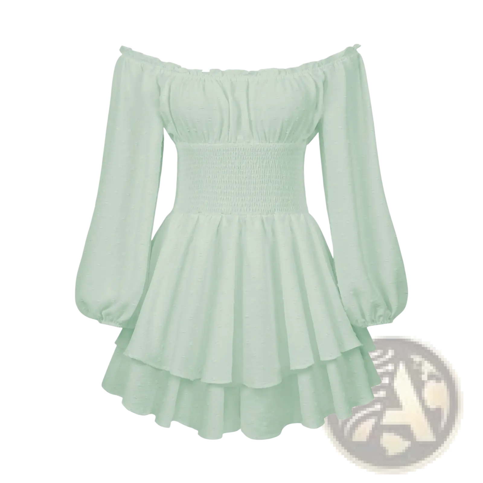 A delicate mint green off shoulder long sleeve ruffled tiered mini dress with puffy sleeves and a flowy skirt