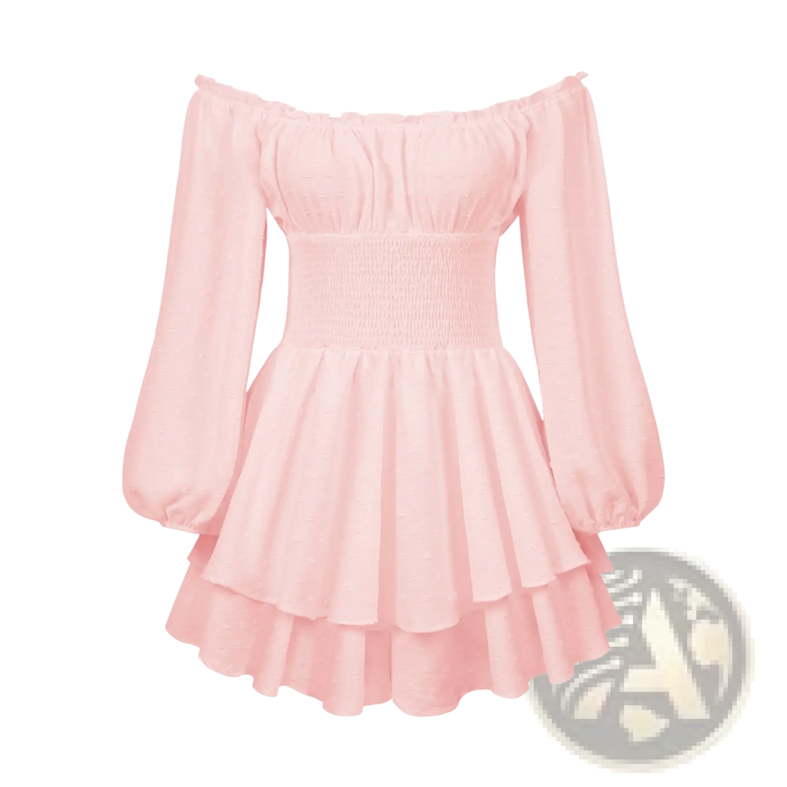 A soft pink off shoulder long sleeve ruffled tiered mini dress with puffy sleeves and a tiered skirt