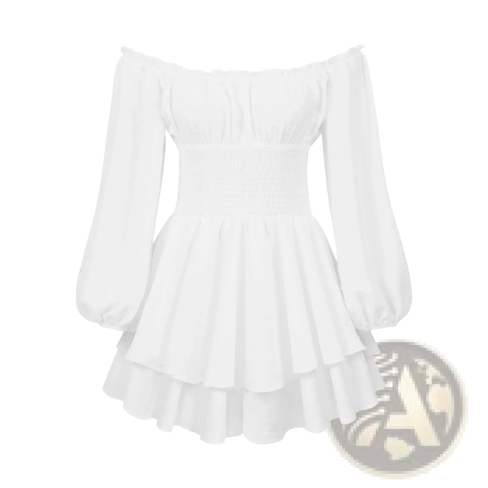 White off shoulder long sleeve mini dress with puffy sleeves and tiered ruffle skirt for elegant occasions
