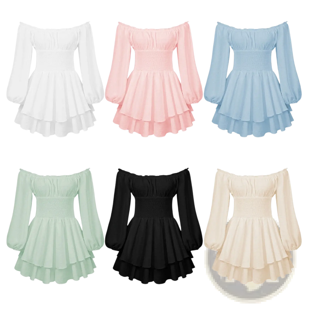 Off shoulder long sleeve ruffled tiered mini dress in light pink with puff sleeves and smocked waistband made of chiffon