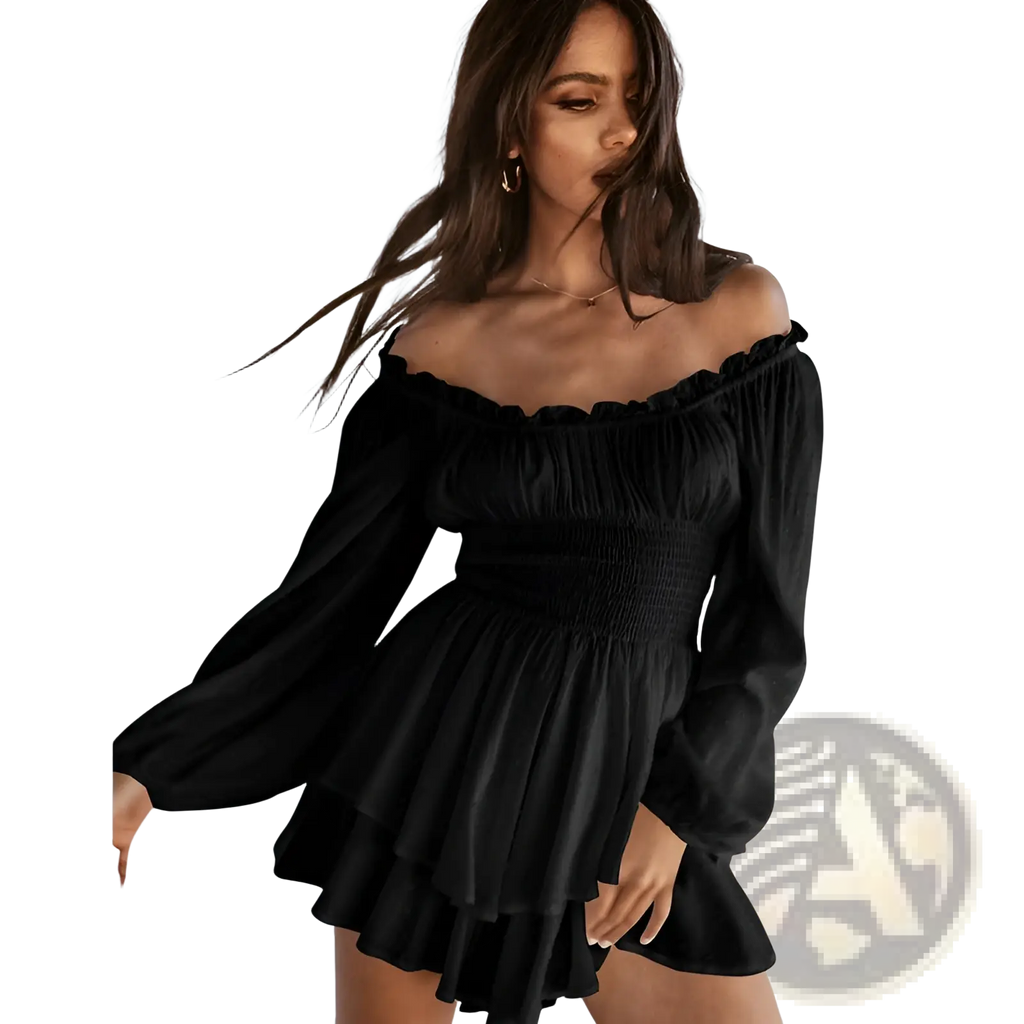 Black off shoulder long sleeve ruffled tiered mini dress with flared hem made of lightweight fabric for elegant occasions