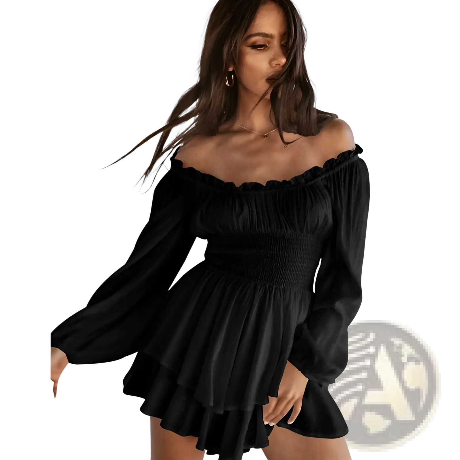 Black off shoulder long sleeve ruffled tiered mini dress with flared hem made of lightweight fabric for elegant occasions