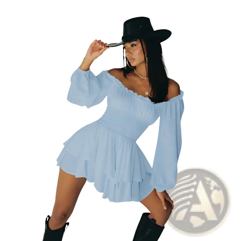 A light blue off shoulder long sleeve ruffled tiered mini dress with a flattering silhouette