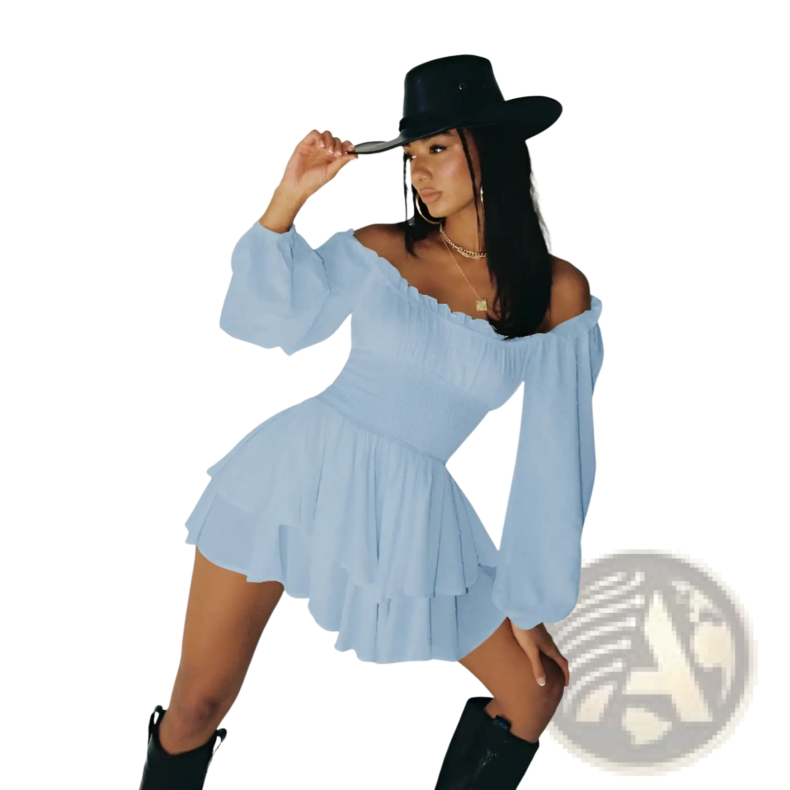 A light blue off shoulder long sleeve ruffled tiered mini dress with a flattering silhouette