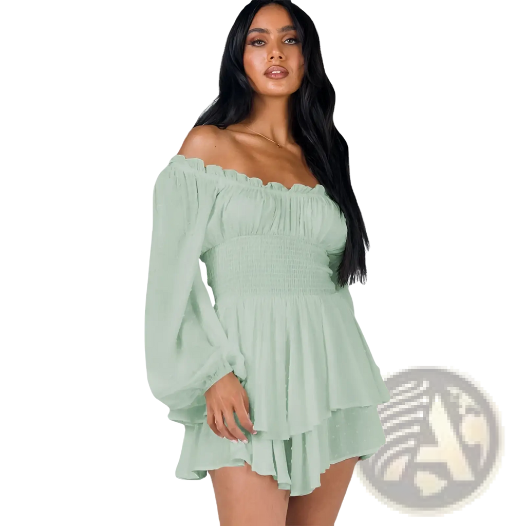 A soft mint green off shoulder long sleeve ruffled tiered mini dress with puffy sleeves and a tiered ruffle hem
