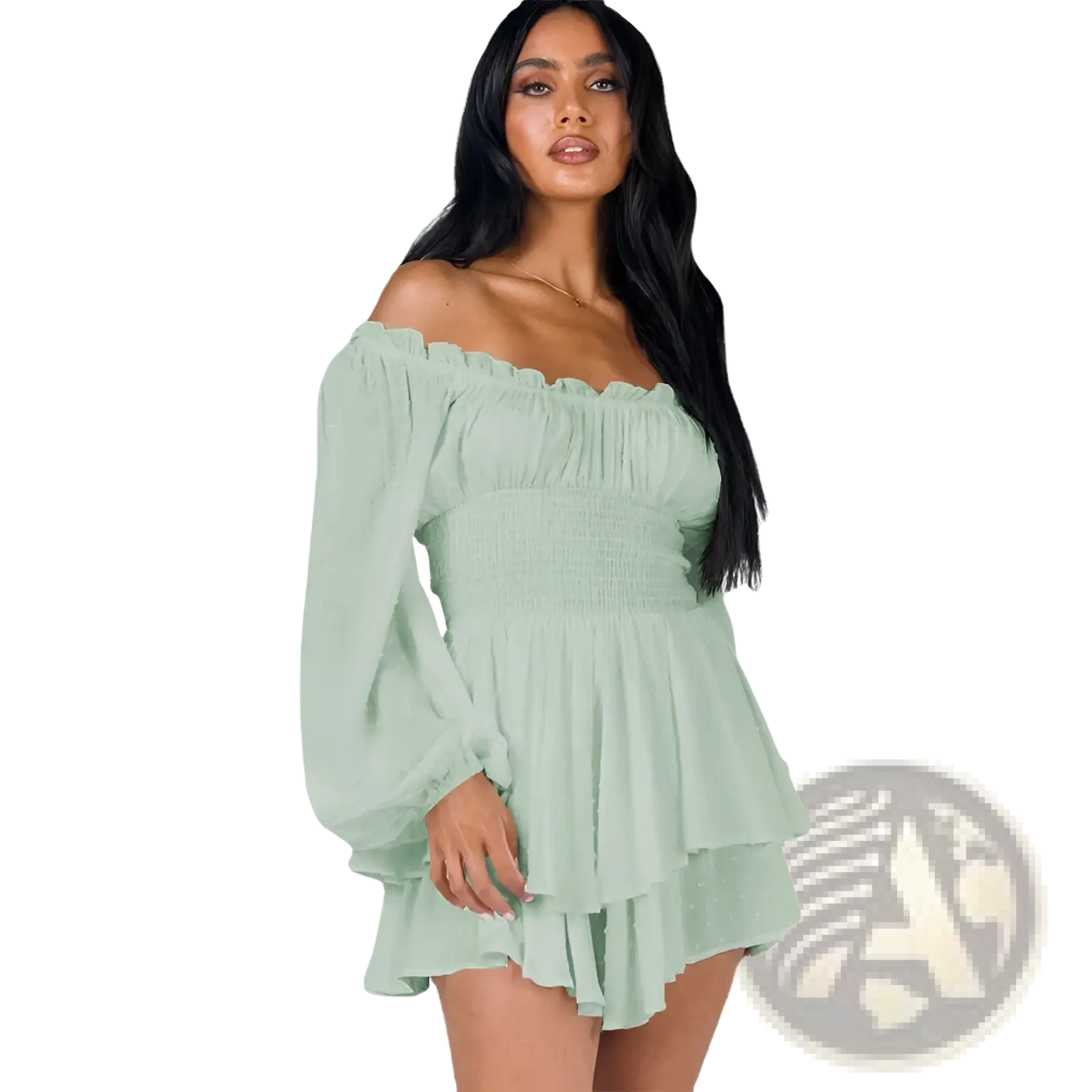 A soft mint green off shoulder long sleeve ruffled tiered mini dress with puffy sleeves and a tiered ruffle hem