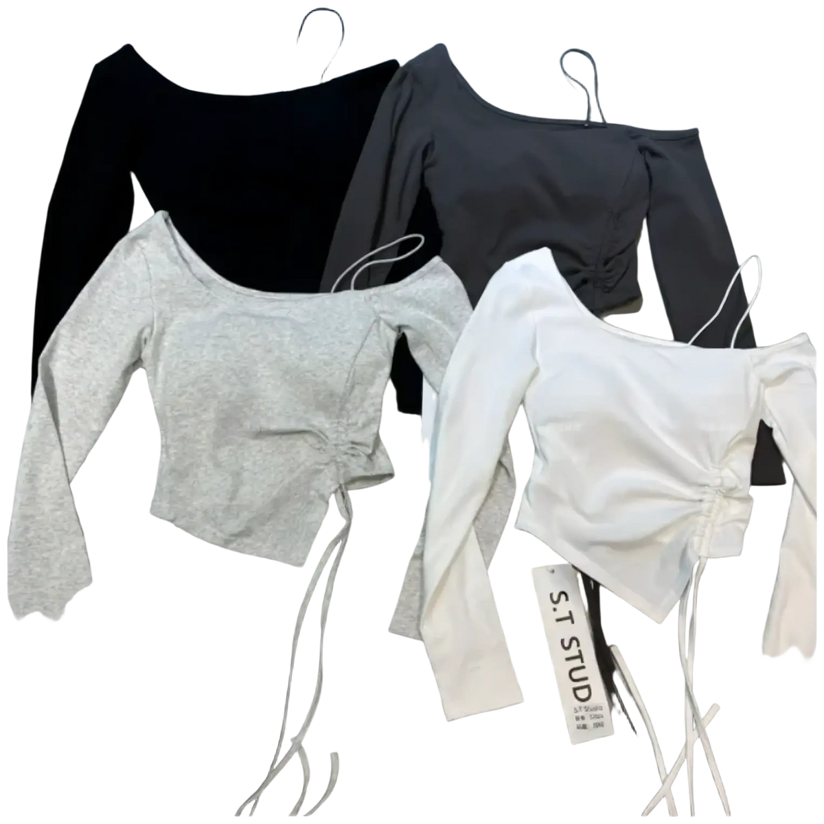 Off the shoulder long sleeve crop tops in black gray and white with ruched detailing and slimming effect for daily wear