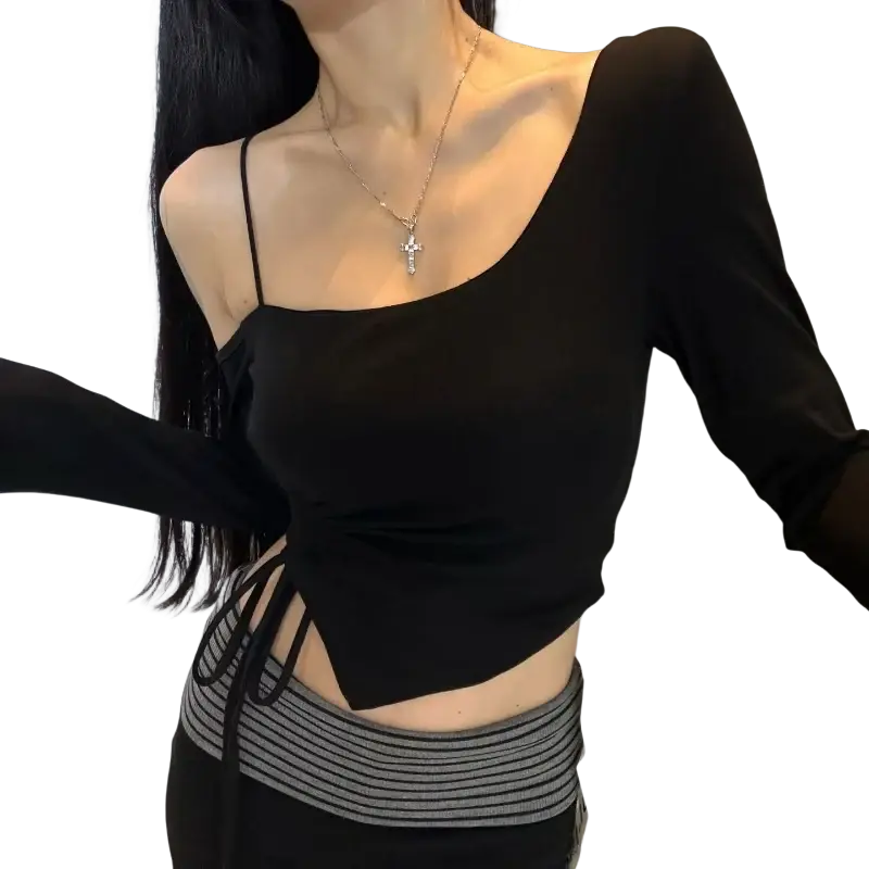 Black long sleeve crop top with asymmetrical neckline and side tie detail offering a slimming effect for daily wear