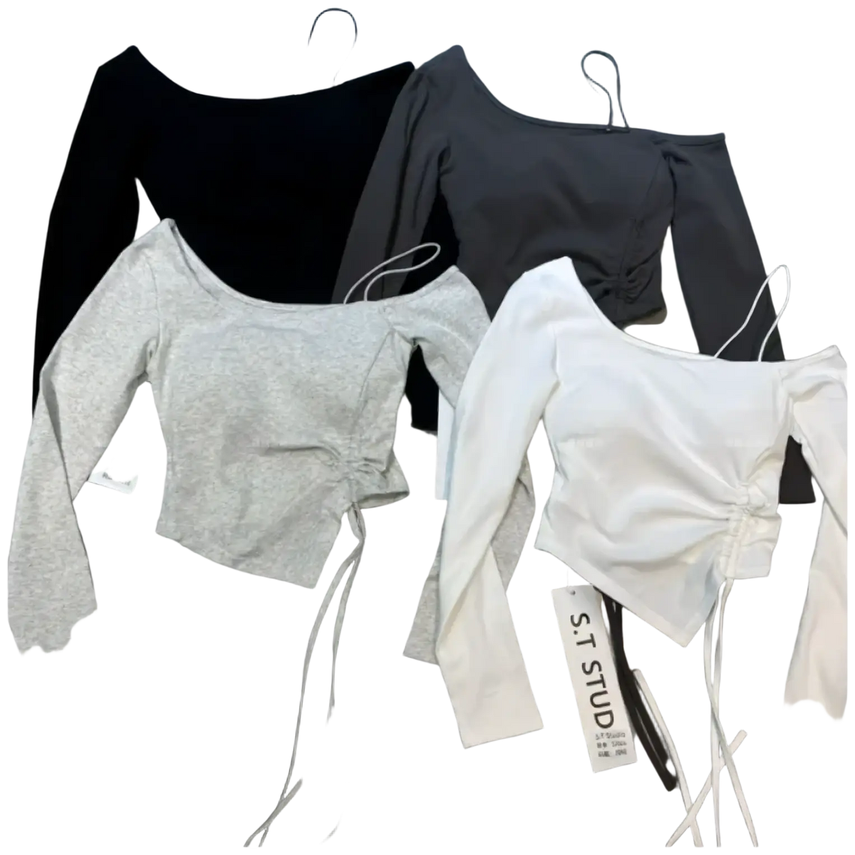 Off the shoulder long sleeve crop tops in black gray and white with ruched front for a slimming effect daily wear