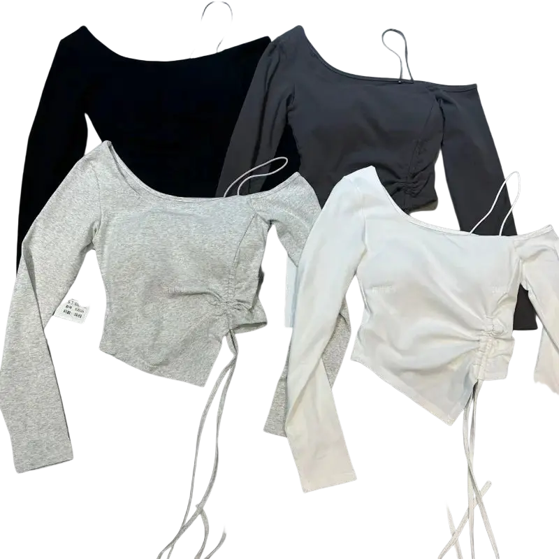 Off the shoulder long sleeve slimming effect crop tops by s.1 stud in black gray heather grey and white for daily wear