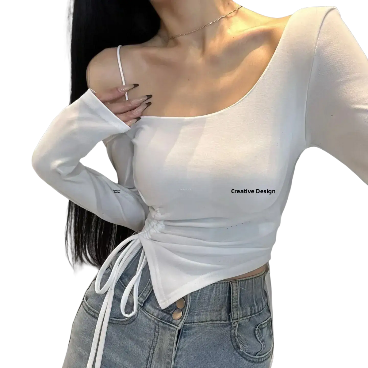 White long sleeve top with square neckline and side tie detail offering a slimming effect for daily wear