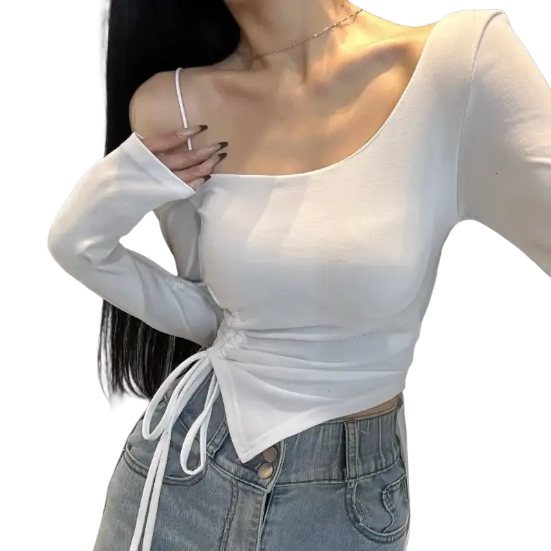 White long sleeve slimming t shirt with square neckline and side tie detail for daily wear