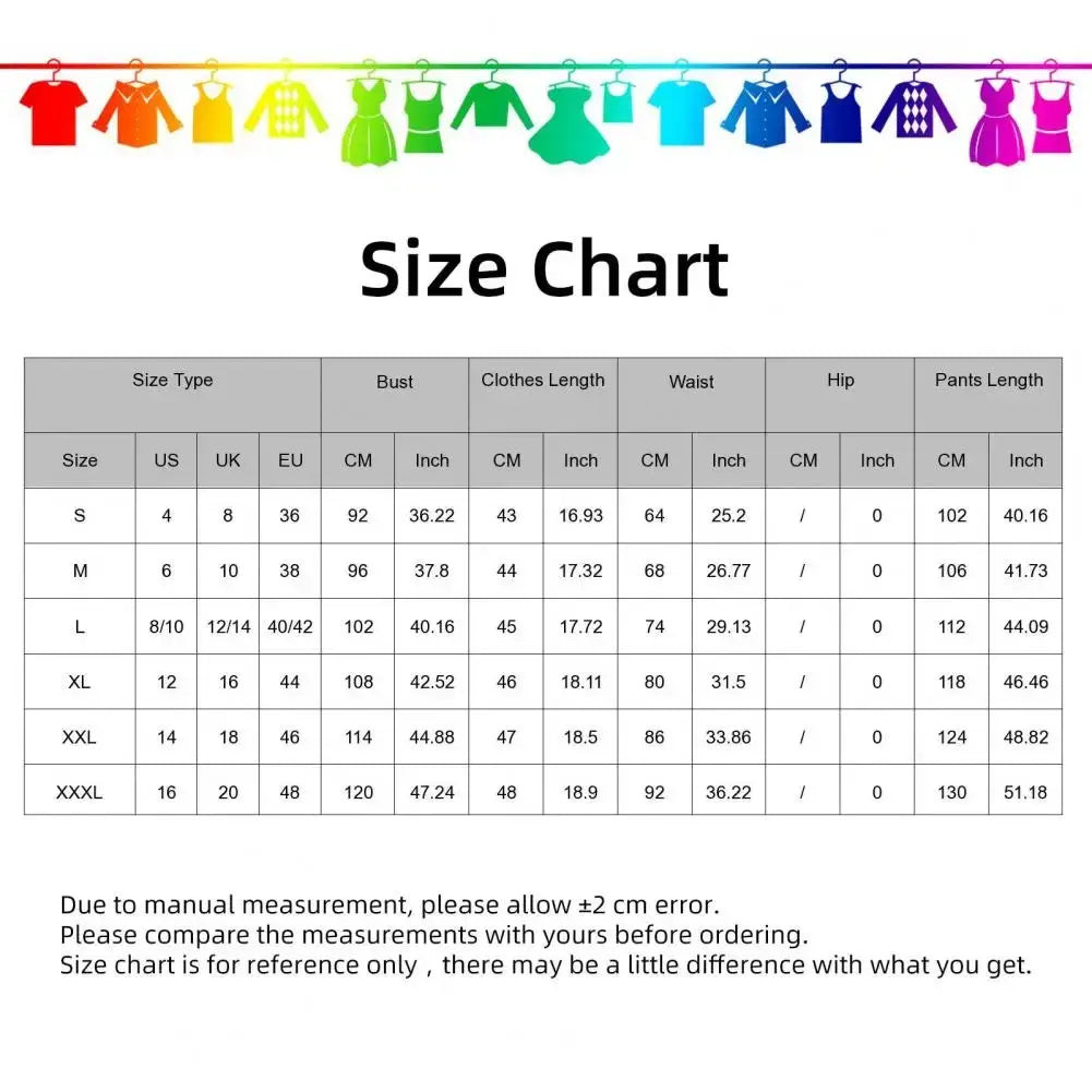 Off shoulder long sleeve two piece lounge set size chart with colorful rainbow stripes showing pants length and clothes length measurements in metric and imperial units