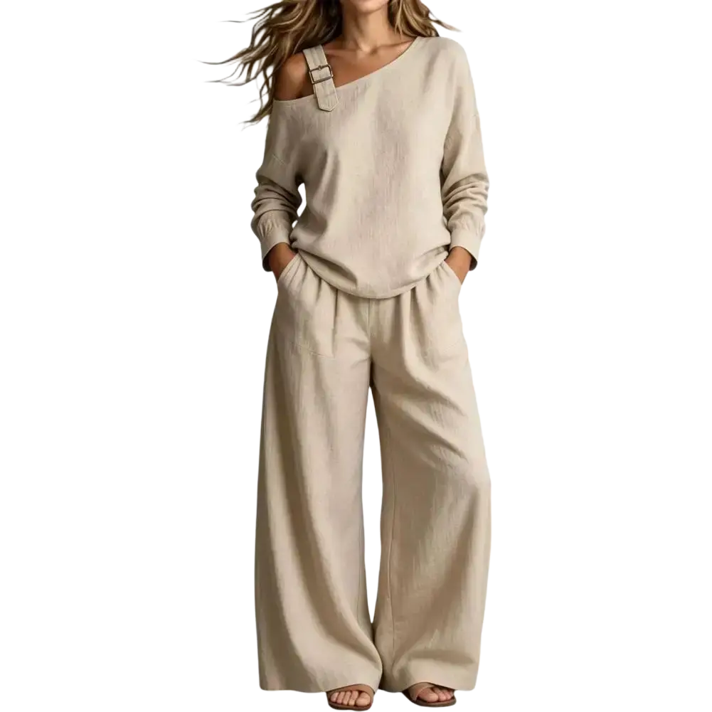 Beige linen off shoulder long sleeve two piece lounge set with adjustable strap top and wide-leg pants length
